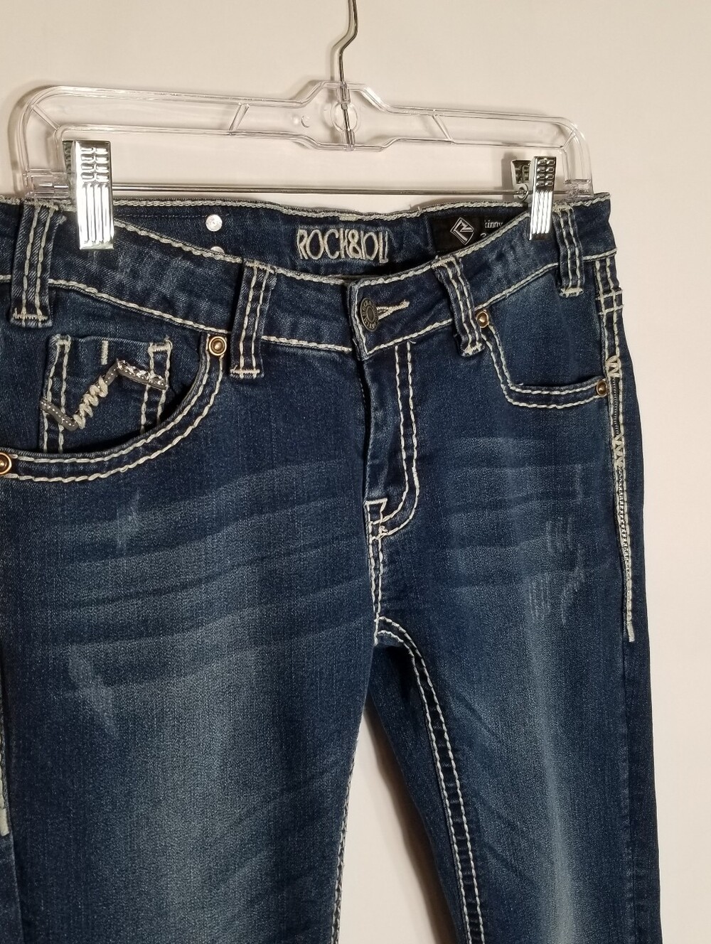 Rock&Roll Cowgirl Jeans 30x32 Actual 31x31 Skinny Low Rise Blue Denim Distressed - Picture 2 of 10